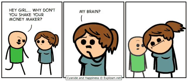 a cyanide and happiness comic shows a girl asking a man why he doesn 't shake his money maker