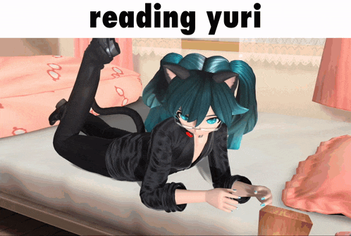 a girl with cat ears is laying on a bed with the words reading yuri above her