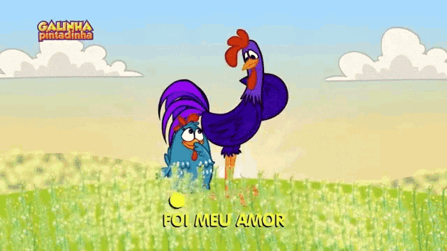 a cartoon of a rooster standing in a field with the words " foi meu amor " below it