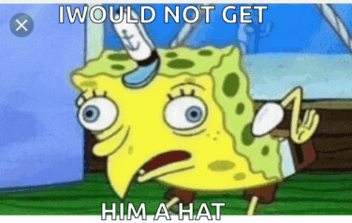 a cartoon of spongebob with the words i would not get him a hat below him