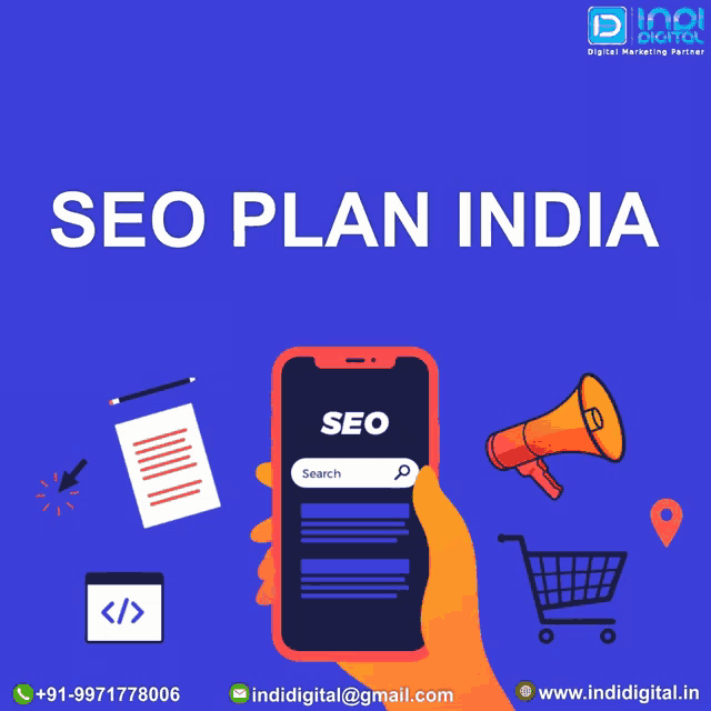 an advertisement for seo plan india shows a hand holding a smart phone