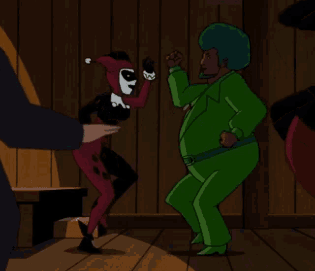 a cartoon of harley quinn and a man in a green suit dancing