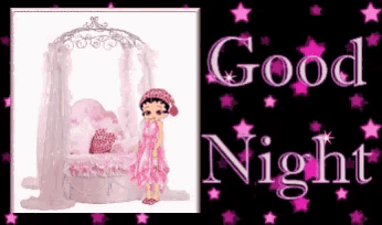 a girl in a pink dress is standing in front of a bed with the words " good night " written on it