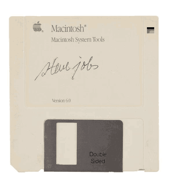 a macintosh system tools floppy disk has a signature of steve jobs on it