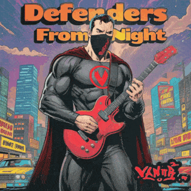 defenders from night by vanta features a superhero holding a guitar