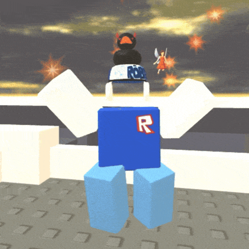 a roblox character with a rubber duck on top of his head