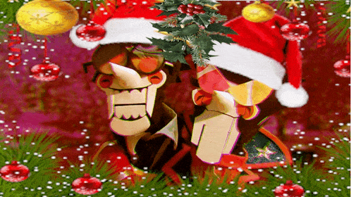 a couple of cartoon characters wearing santa hats with a christmas tree in the background