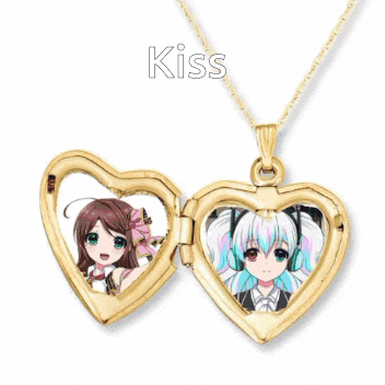 a heart shaped locket with a picture of two anime girls and the word kiss above it
