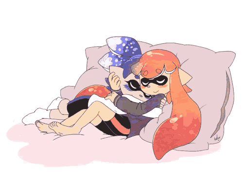 a drawing of a girl hugging another girl on a pillow