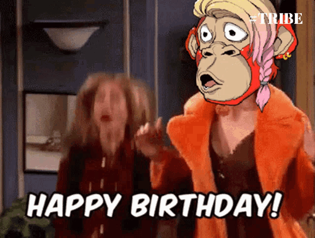 a cartoon monkey says happy birthday to a woman in a fur coat