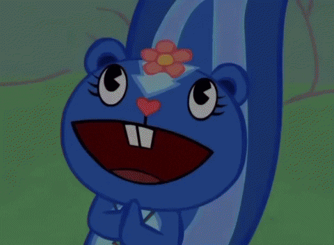 a blue cartoon squirrel with a flower on its head