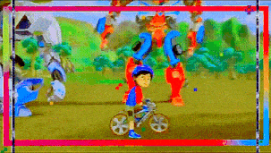 a cartoon of a boy riding a bike in a field with robots in the background