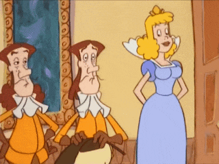 a woman in a blue dress is standing in front of two men
