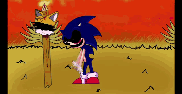a cartoon of sonic the hedgehog standing next to a wooden post