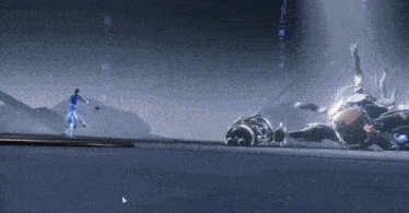 a robot is standing next to a spider in a dark room in a video game .