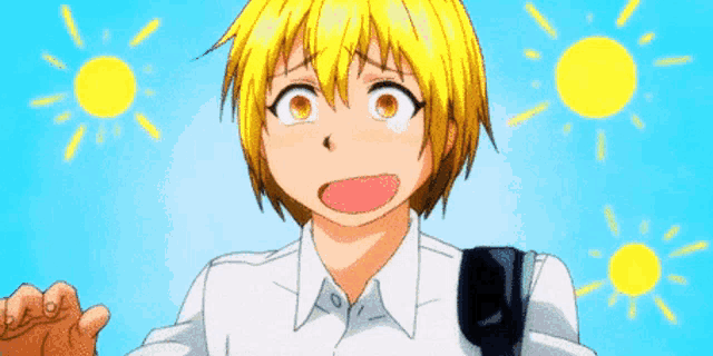 a boy with yellow hair is standing in front of a blue sky with suns behind him