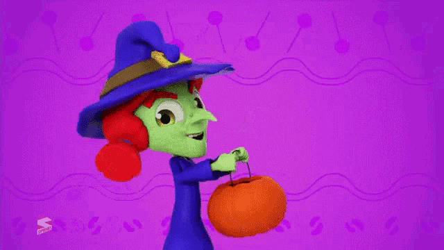 a cartoon witch is holding a pumpkin with candy in it