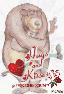 a picture of a teddy bear with hugs and kisses on it