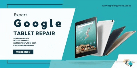 a google tablet repair advertisement with a picture of a tablet floating in the air .