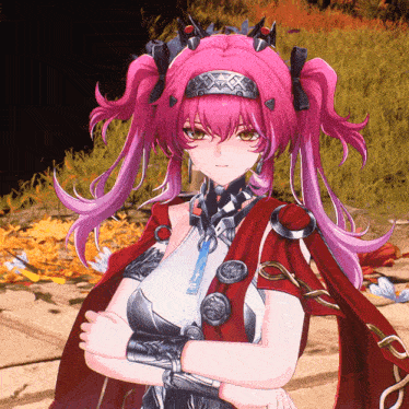 a girl with pink hair is wearing a red cape and a crown