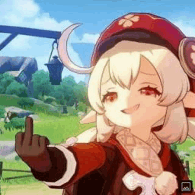 a cartoon girl is giving the middle finger while standing in a field .