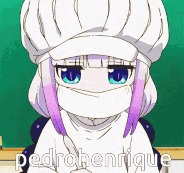 a girl wearing a chef 's hat and a face mask says pedrohenrique