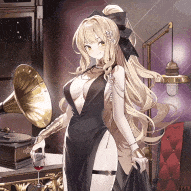 a woman in a black dress is holding a glass of wine in front of a phonograph