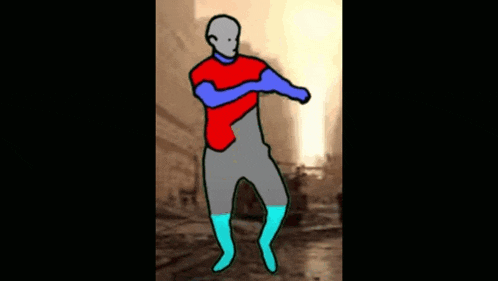 a cartoon of a man in a red shirt and blue gloves dancing .