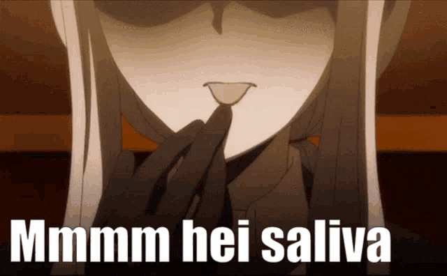 a picture of a girl with her mouth open and the words mmmm hei saliva