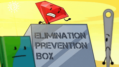 a cartoon character is standing on top of a box that says " elimination prevention box "