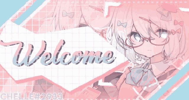 a welcome sign with a girl wearing glasses on it