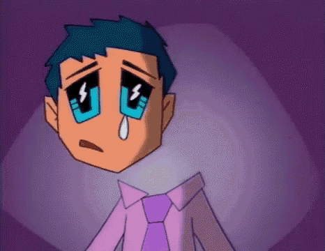 a cartoon of a man in a purple shirt and tie crying with a tear coming out of his eye .