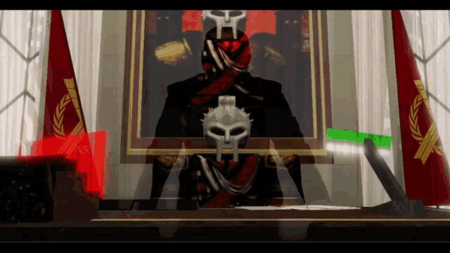 a painting of a man with a helmet on his head is behind a desk