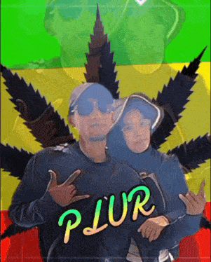 a man and a woman are posing in front of a marijuana leaf and the word plur is visible