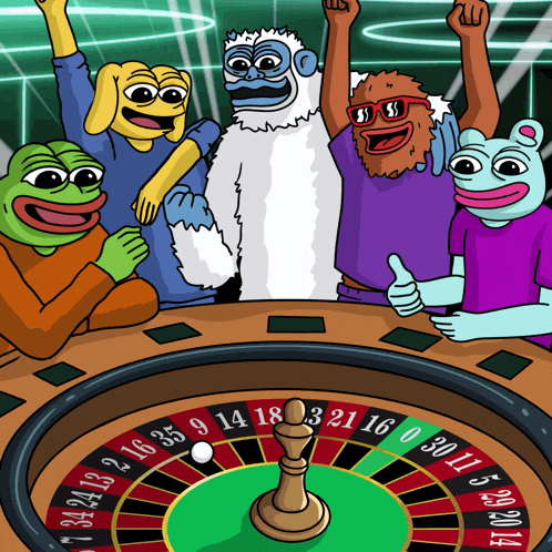 a group of cartoon characters are playing roulette and one of the numbers on the wheel is 14