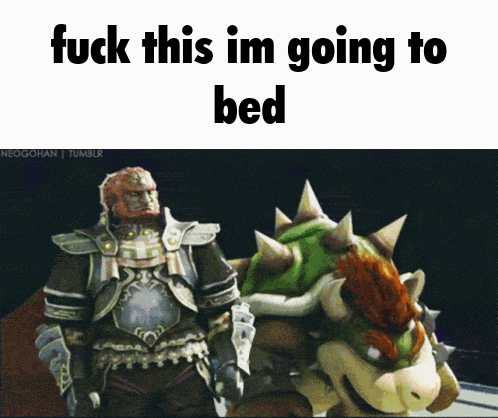 a picture of a video game character with the words fuck this im going to bed