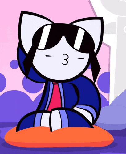 a cartoon cat wearing sunglasses and a red tie blows a kiss