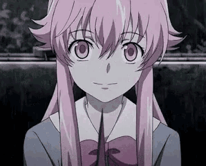 a girl with pink hair and a bow tie is holding a knife in her hand .