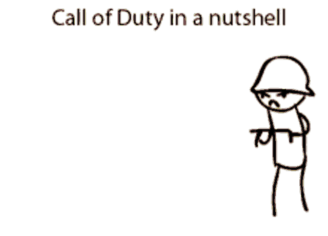 a cartoon of a man holding a knife with the words call of duty in a nutshell above him
