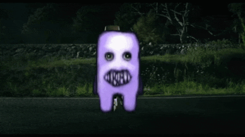 a purple monster is walking down a road next to a car .
