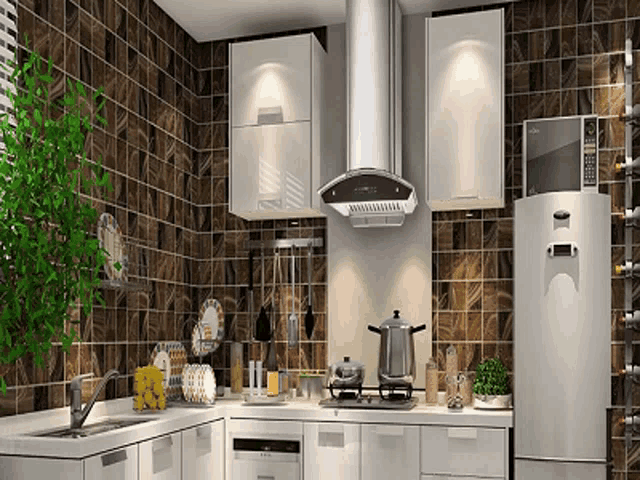 a kitchen with a stove top oven and a refrigerator