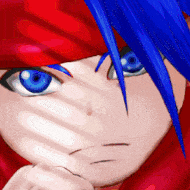 a close up of a person 's face with blue and red hair