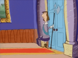 a cartoon character is standing in front of a door holding an axe