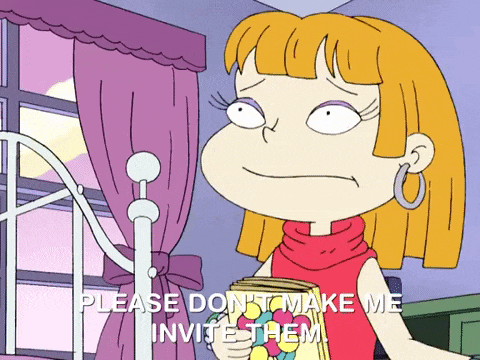 a girl from rugrats is holding a box of candy and says please don 't make me invite them