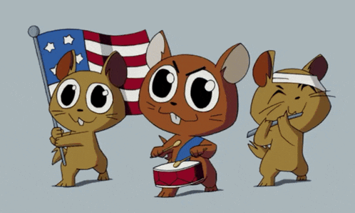 three cartoon mice are standing next to each other one is holding an american flag