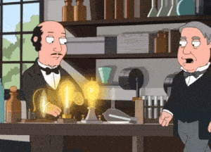 a cartoon of two men standing in front of a table with a light bulb