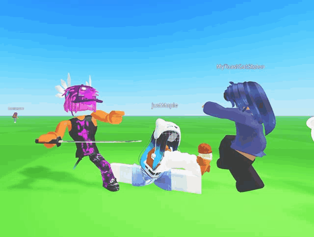 a girl with purple hair is holding a sword in a game