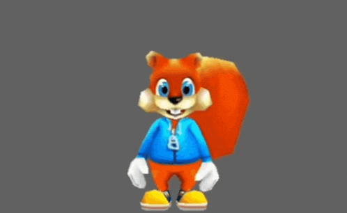 a cartoon squirrel in a blue jacket and orange pants is standing on a gray background .