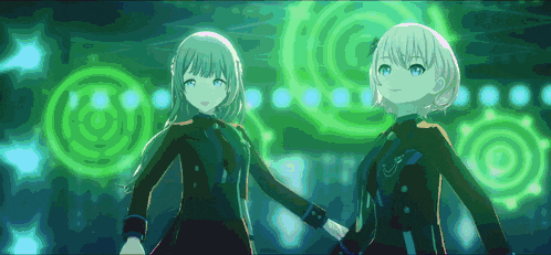 a couple of anime girls standing next to each other in front of a green background