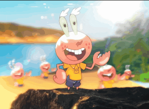 a cartoon crab with a yellow shirt that says a on it